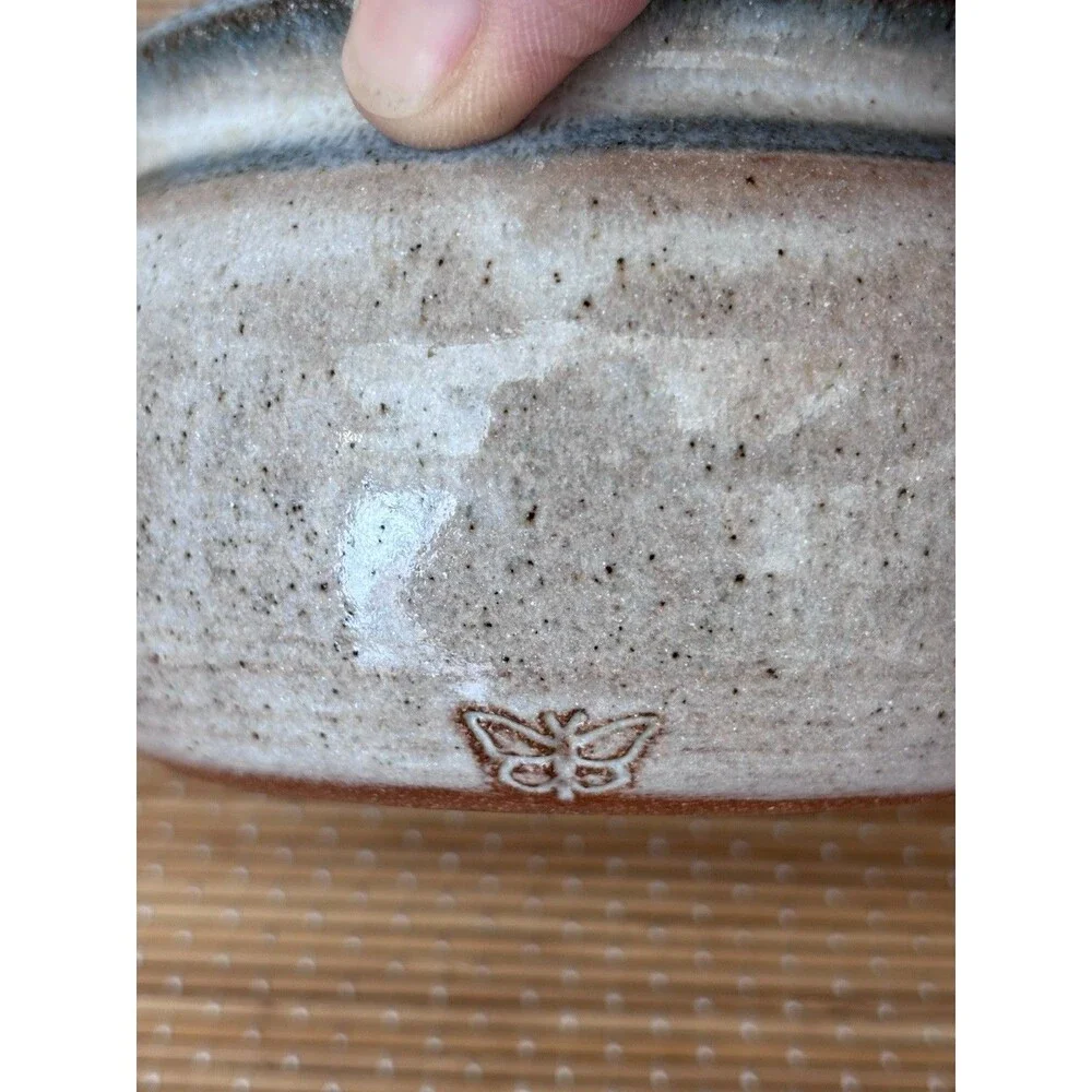 Vintage 1984 Stoneware Garlic Jar Blue Beige Handmade Cottagecore Grandmacore
